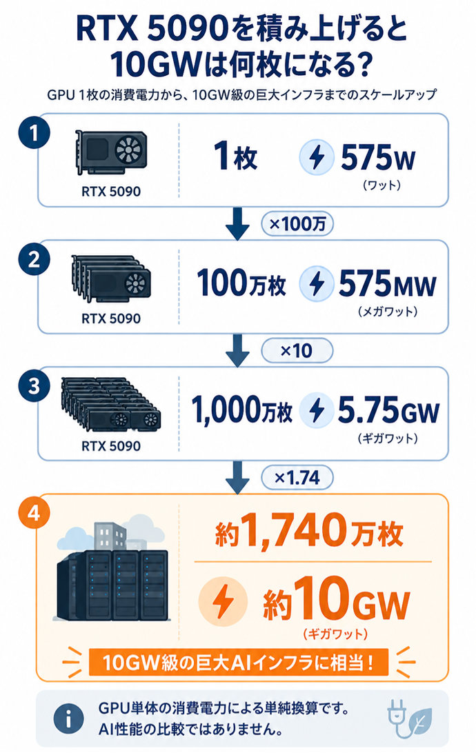 RTX 5090を積み上げると10GWは何枚になる？
